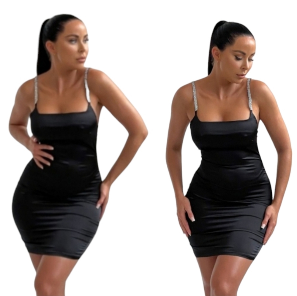 NEW Black Satin Diamante Strap Mini Dress